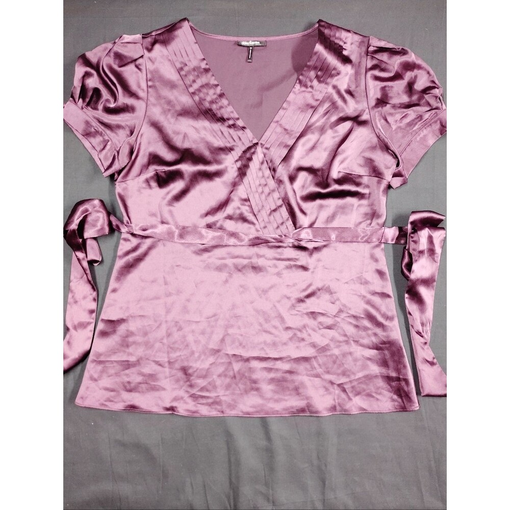 Daisy Fuentes Moda Satin Wrap Blouse in Purple Mauve with tie waist